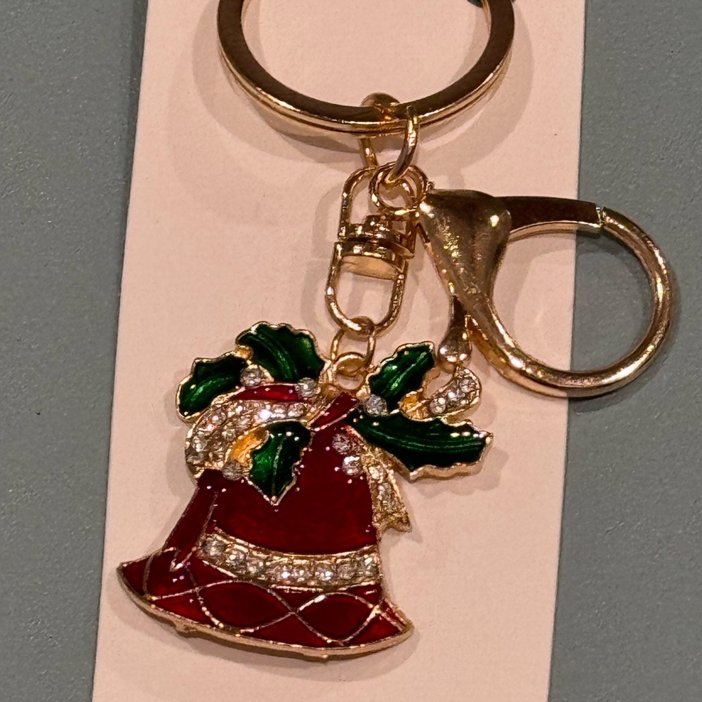 BAG CHARM Mint Festive Red and Green Bell Key Holder Gold Tone